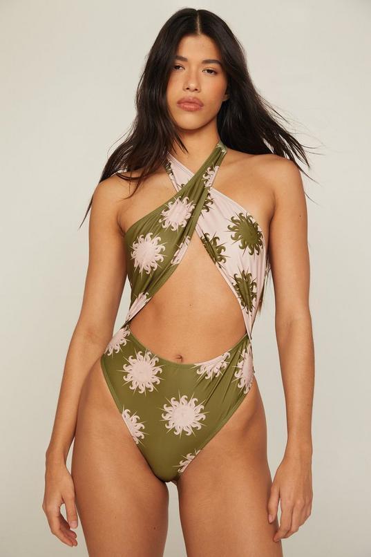 Sun Two Tone Halter Wrap Cut Out Swimsuit Product Image