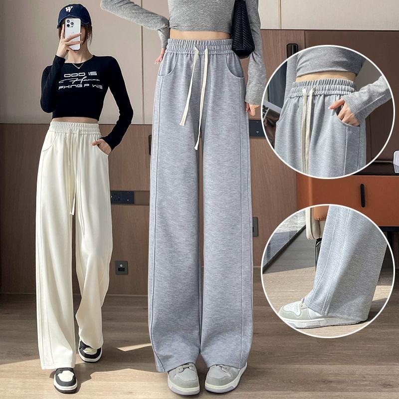 Drawstring Waist Plain Panel Wide Leg Sweatpants Product Image