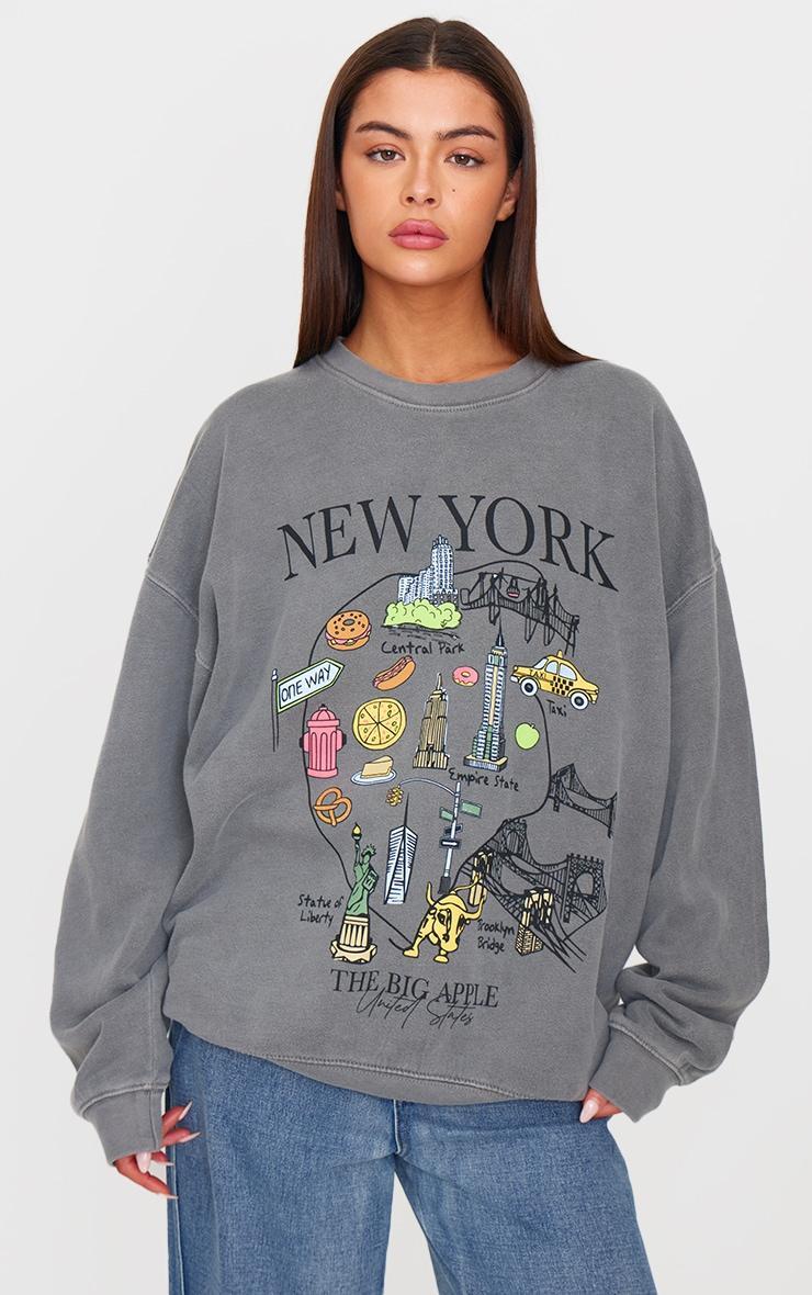  Charcoal Washed New York Map Printed Sweatshirt Product Image