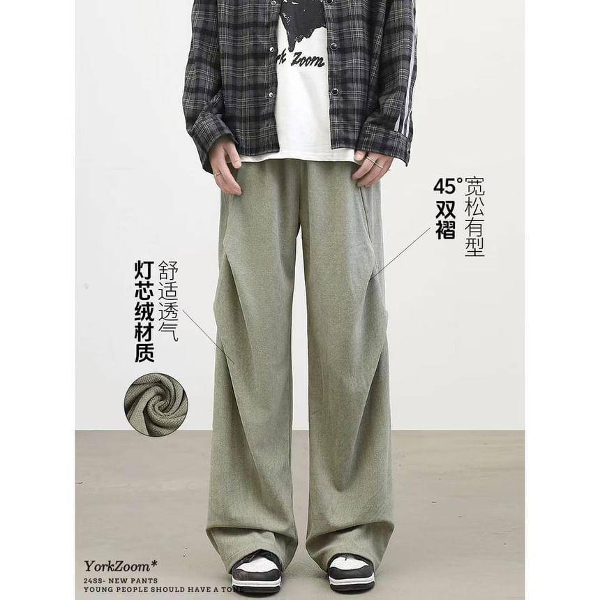 Drawstring Waist Plain Corduroy Wide Leg Pants Product Image