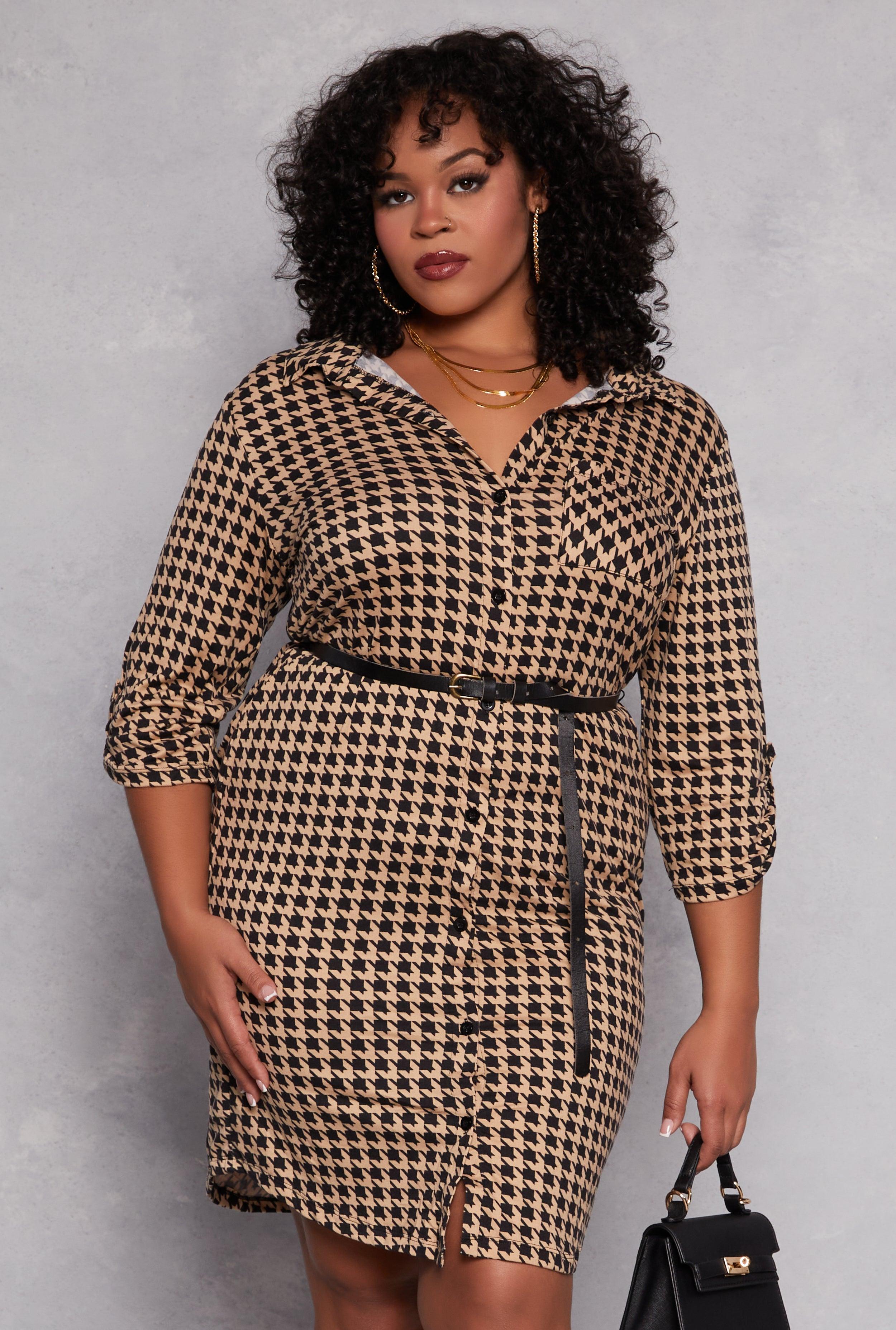 Womens Plus Size Houndstooth Belted Shirt Dress Product Image