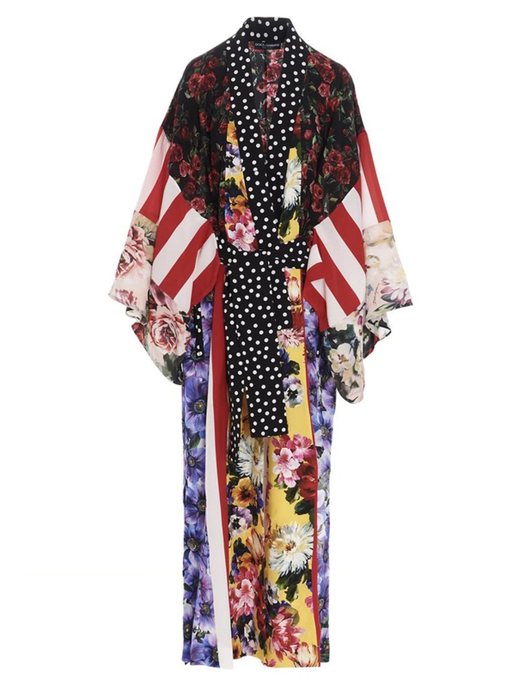 DOLCE & GABBANA Patchwork Floral-print Silk-crepe Robe In Black Product Image