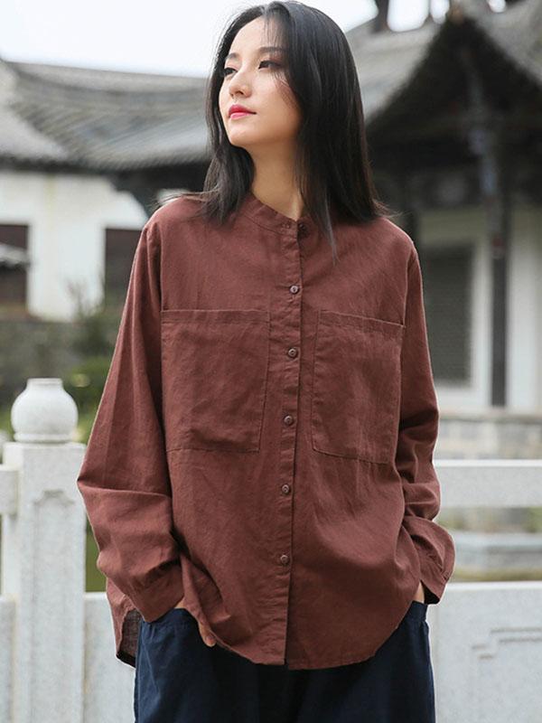 Vintage Ramie Cotton Solid Color Long Sleeve Blouse Product Image