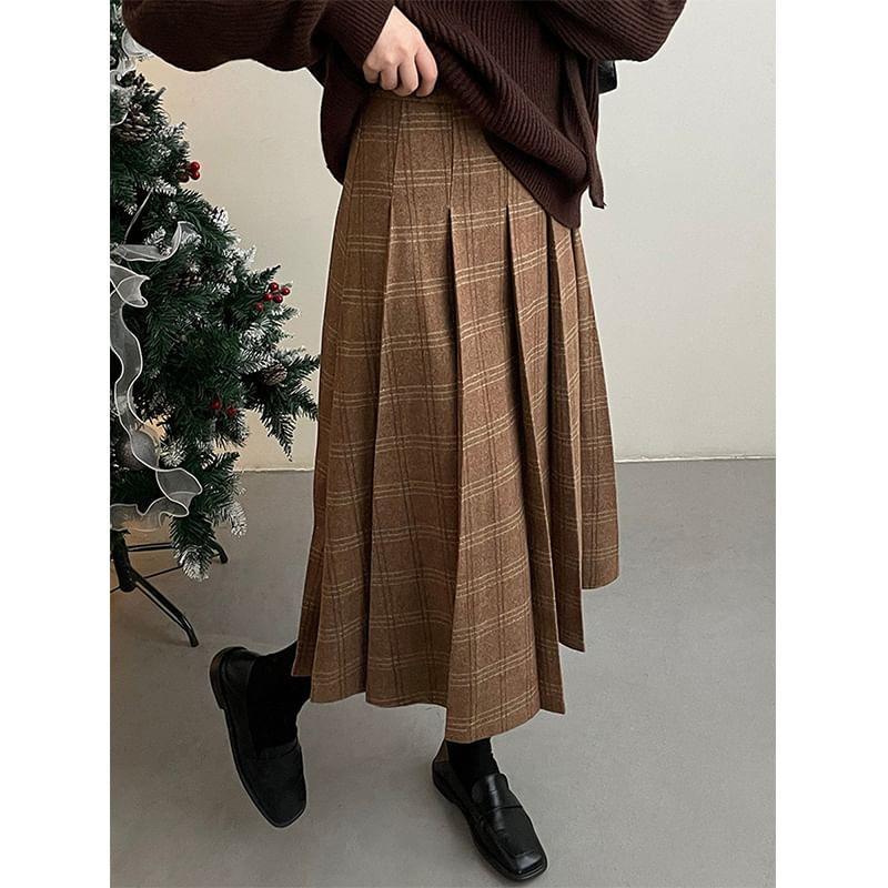 High Waist Plaid Pleated Midi A-Line Skirt Product Image