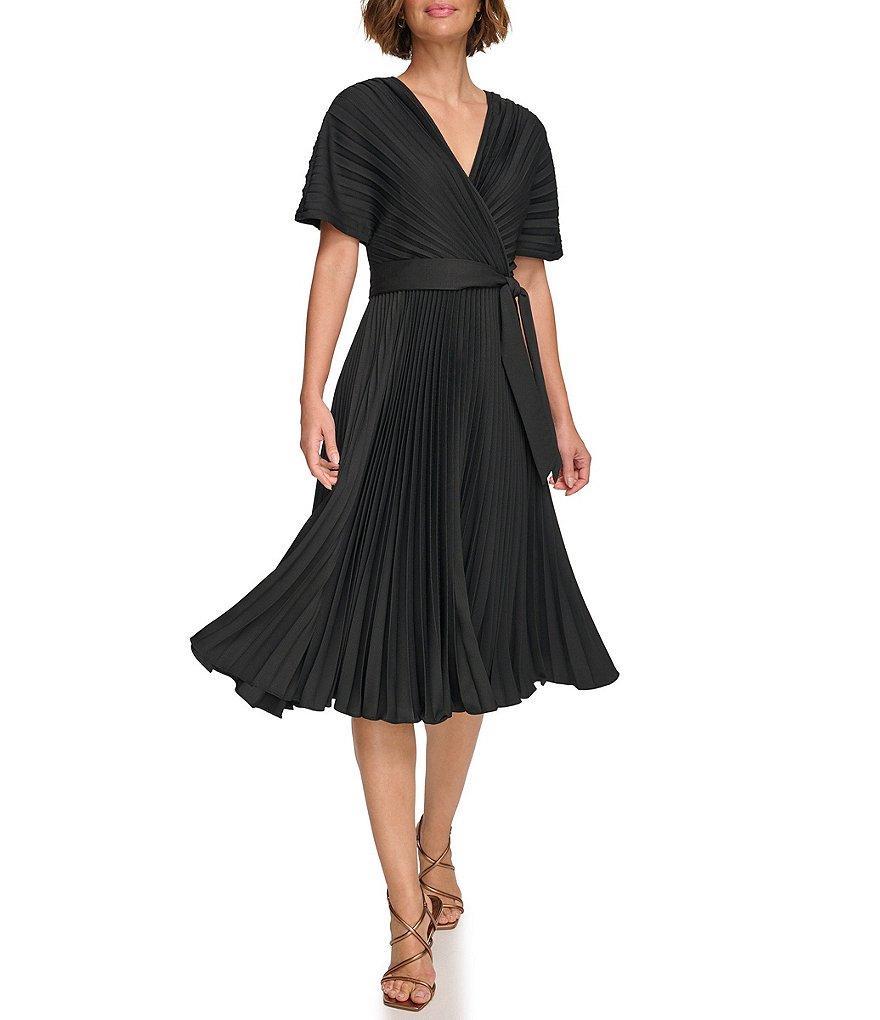 DKNY by Donna Karan Pleated Surplice V-Neckline Short Sleeve Midi Dress Product Image