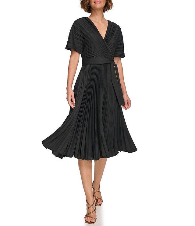 DKNY Pleated Surplice V-Neckline Short Sleeve Midi Dress Product Image