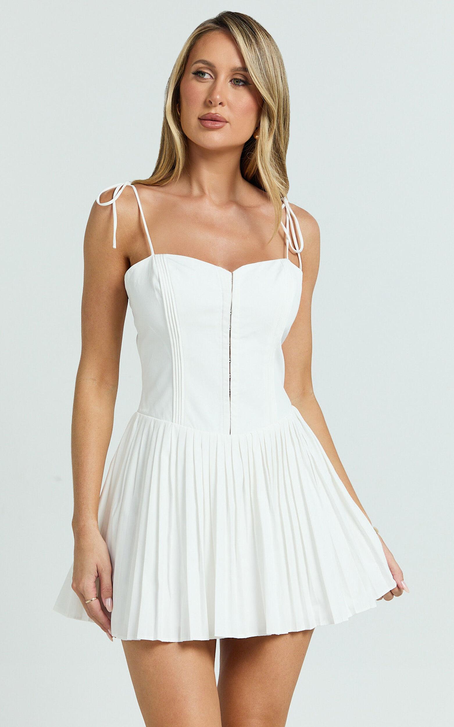 Nicolette Mini Dress - Square Neck Strappy Tie Shoulder Drop Waist Pleated Skirt Dress in Off White Product Image