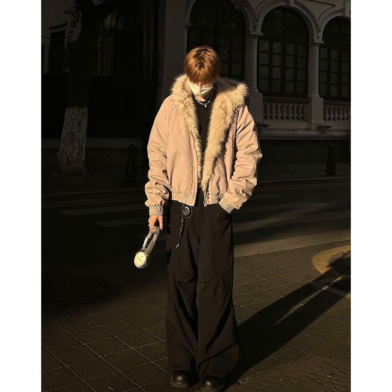 Fluffy Panel Hooded Zip-Up Jacket Product Image