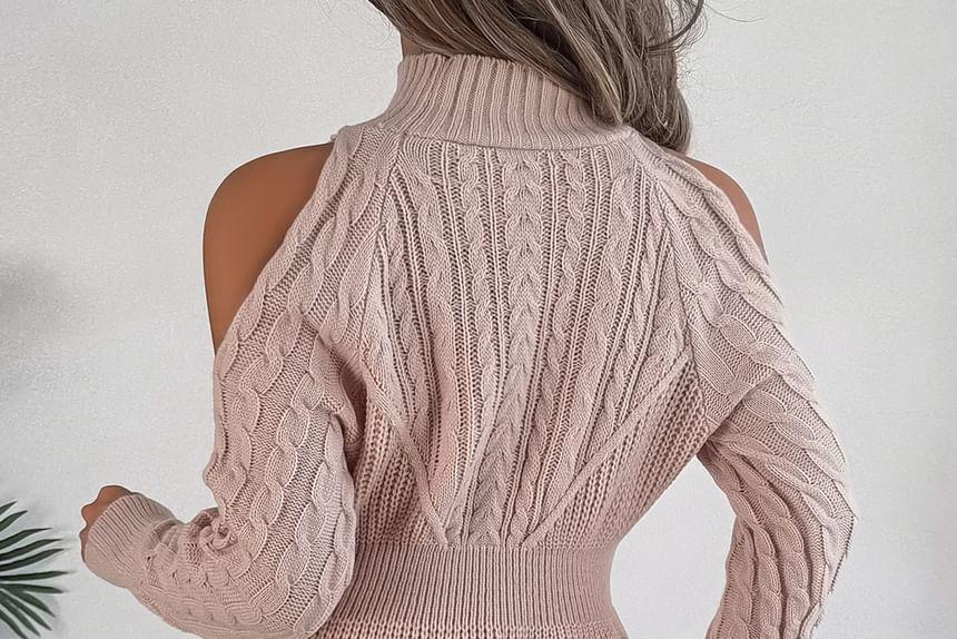 Mock Neck Cold Shoulder Plain Cable Knit Mini Sheath Sweater Dress Product Image