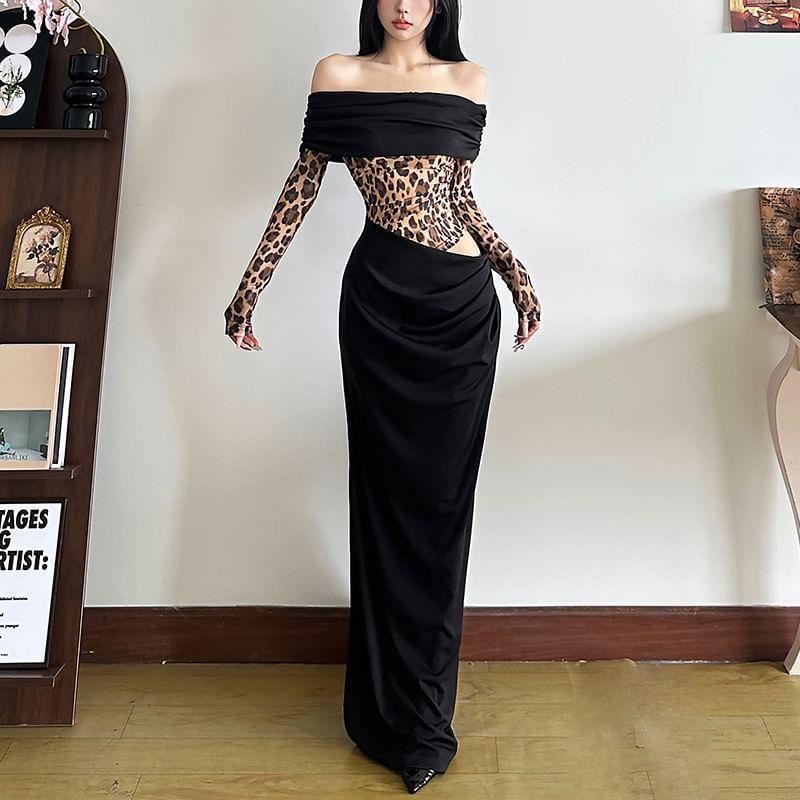 Long Sleeve Off-Shoulder Leopard Print Cut-Out Slim-Fit Maxi Bodycon Dress Product Image