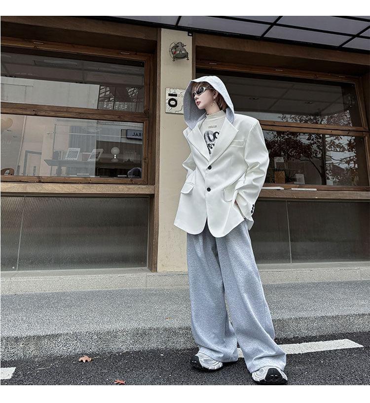 Set: Hooded Button-Up Plain Blazer + High Waist Wide Leg Pants Product Image