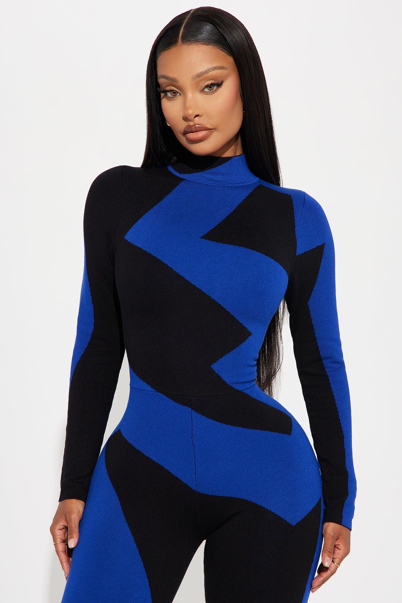 Abstract Long Sleeve Sweater Jumpsuit - Royal/combo Product Image