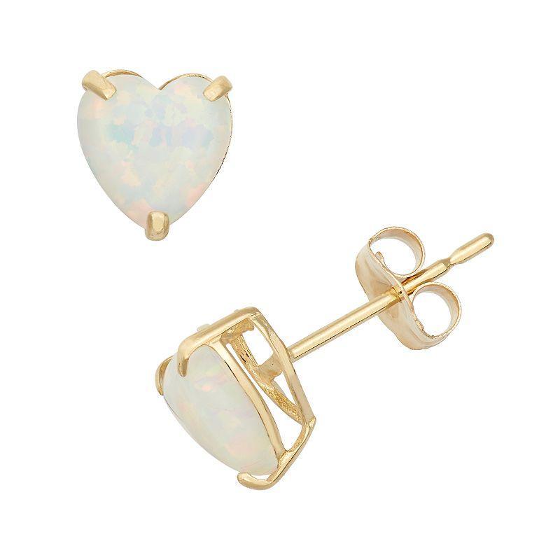 Lab-Created Opal 10k Gold Heart Stud Earrings, Womens, White Product Image