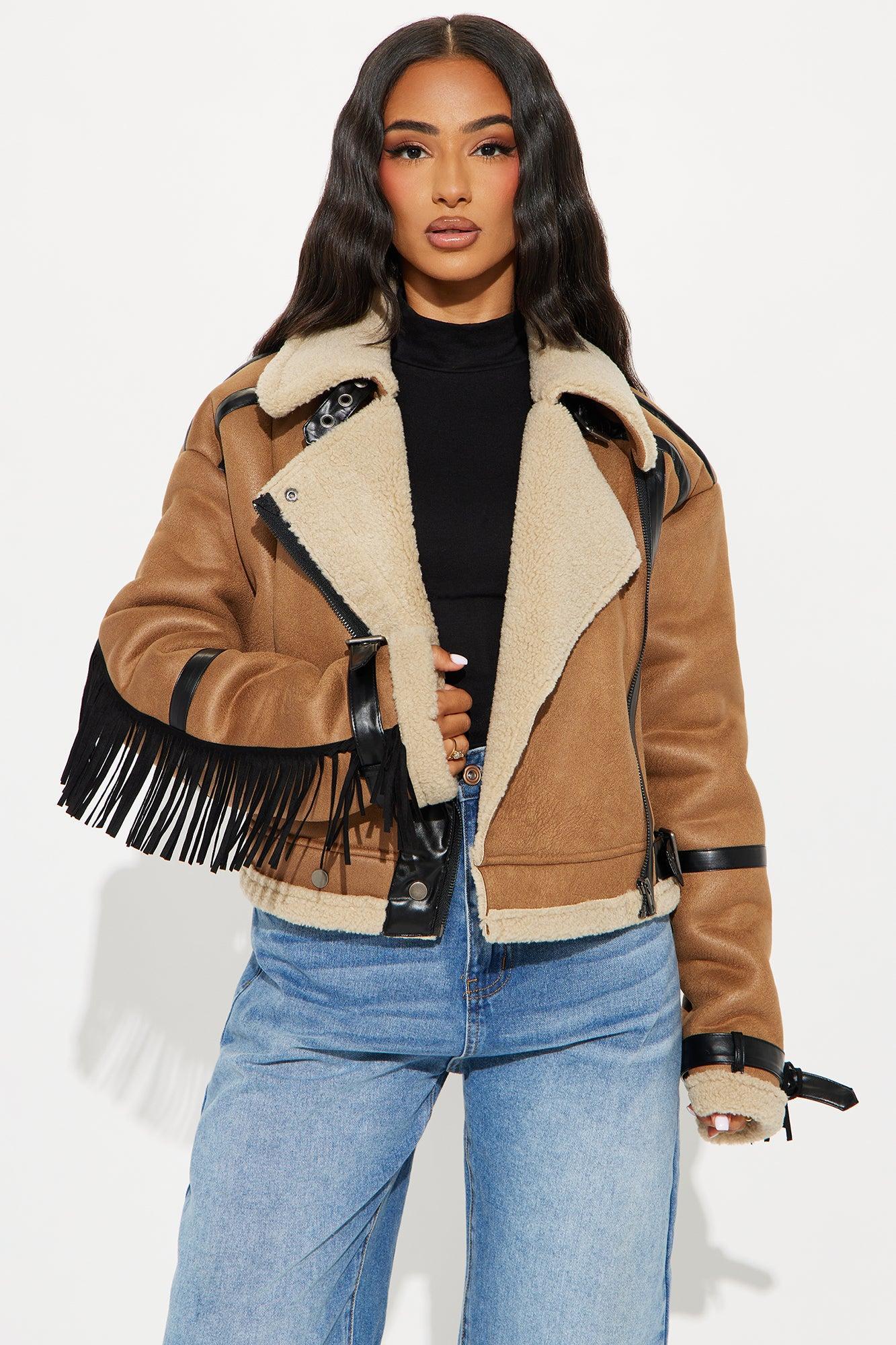 Kareem Faux Suede Fringe Moto Jacket - Cognac Product Image