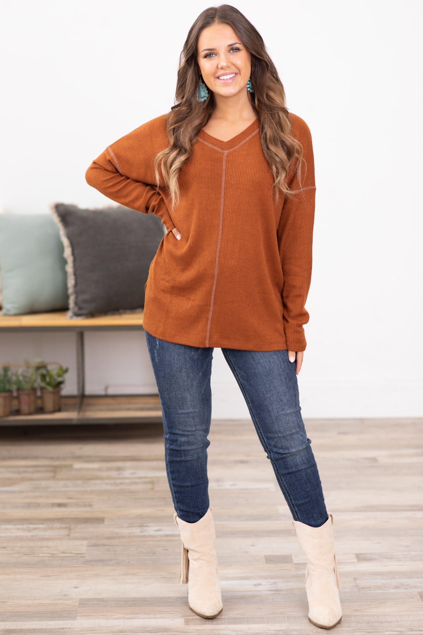 Rust V-Neck Contrast Stitch Top Product Image