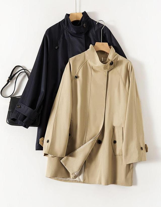 Stand Collar Plain Panel Button Trench Coat Product Image