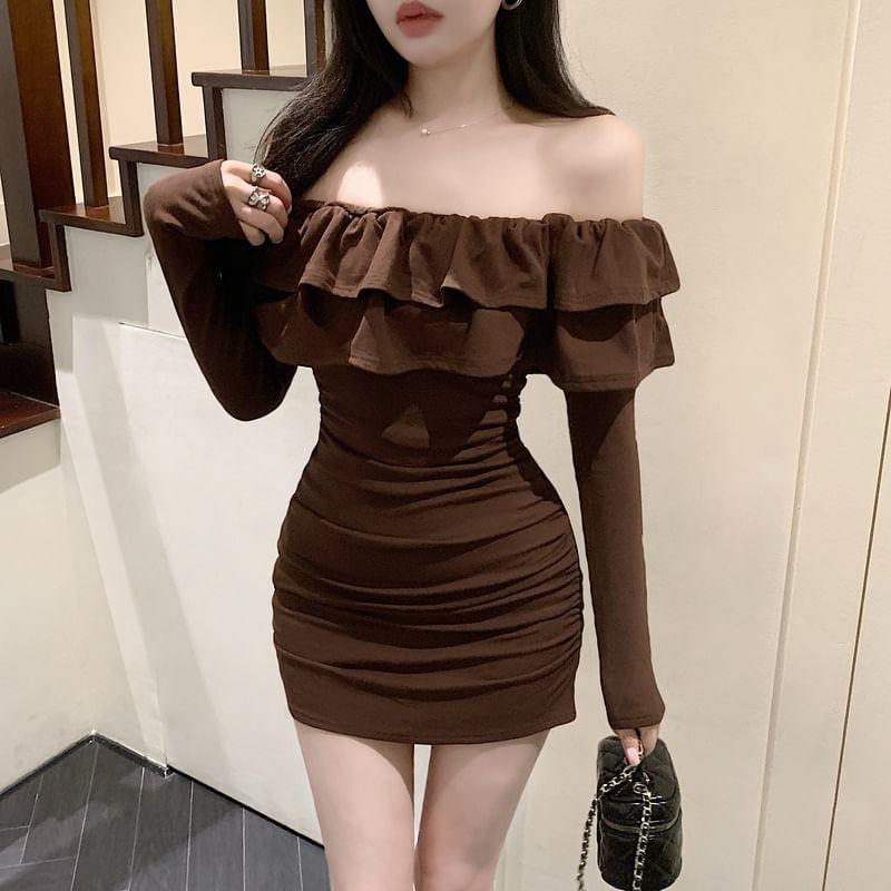 Long Sleeve Off Shoulder Plain Ruffle Ruched Mini Sheath Dress Product Image