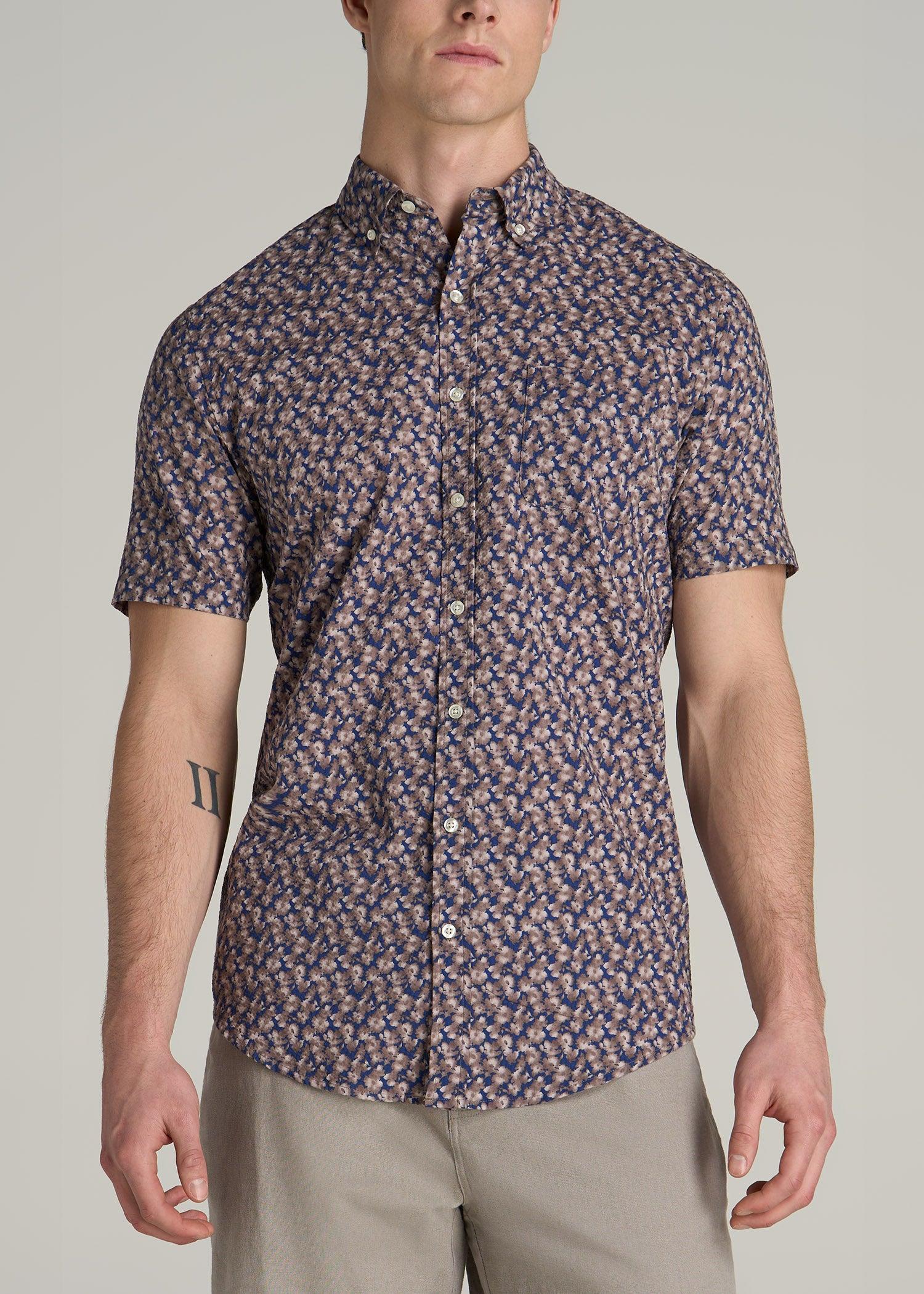 Seersucker Tall Men's Short Sleeve Shirt in Beige & Indigo Blossom Print Product Image