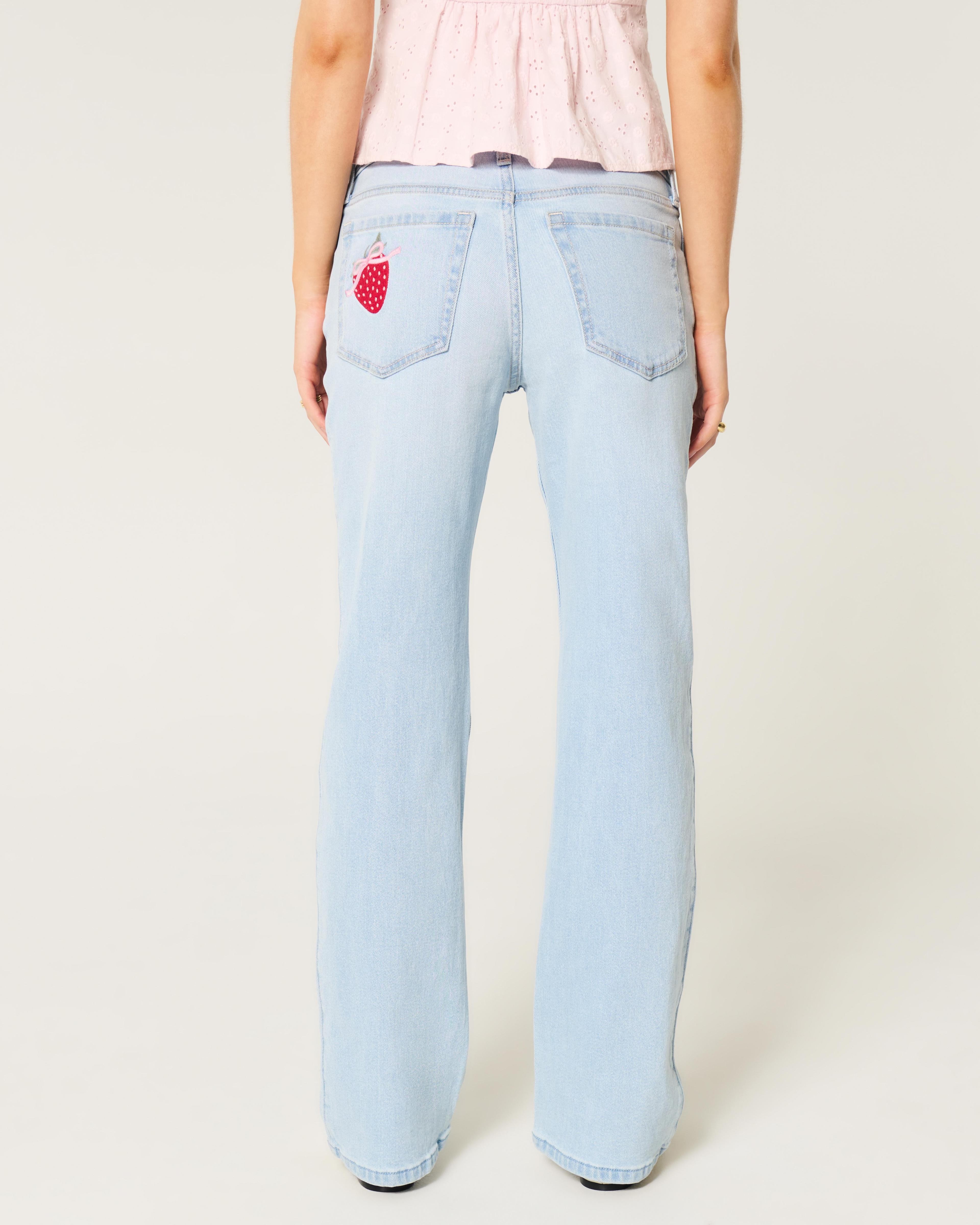 Low-Rise Light Wash Strawberry Graphic Relaxed Straight Jeans Product Image