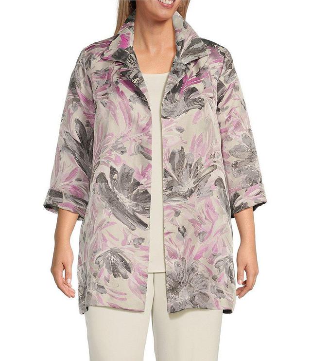 Caroline Rose Plus Size Pinch of Pink Floral Jacquard Notch Collar Cuffed Sleeve Open-Front Long Statement Jacket Product Image