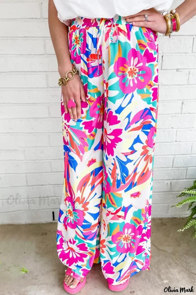 Olivia Mark – Bohemian Floral Print Wide Leg Pants in Elegant Rose Red Hue Product Image