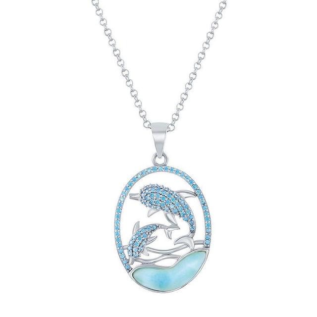 Sterling Silver Larimar & Blue Cubic Zirconia Dolphin Pendant Necklace, Womens Product Image