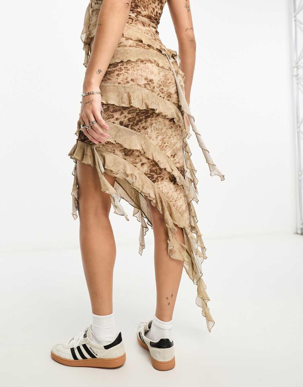 Miss Selfridge ruffle mesh aysm midi skirt in snake print - part of a set Product Image