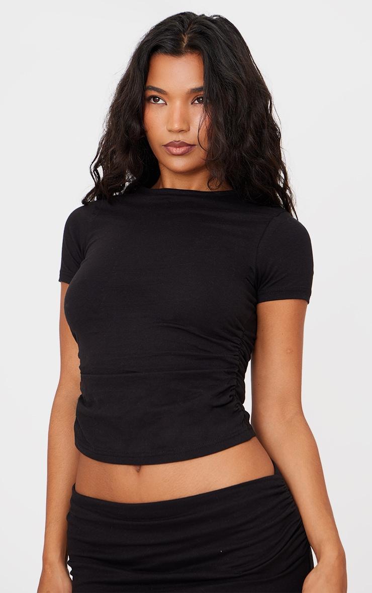 Black Cotton Side Cap Sleeve Ruched Top Product Image