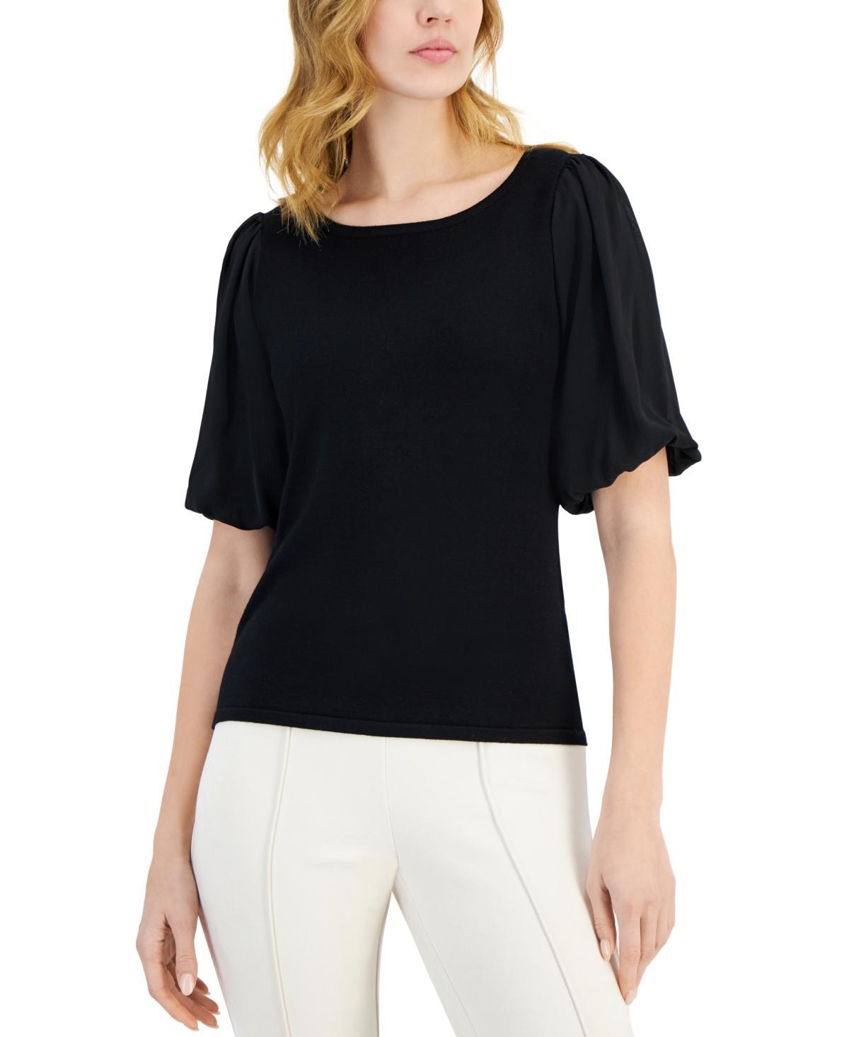 T Tahari Womens Mixed-Media Bubble-Sleeve Boat-Neck Sweater Product Image