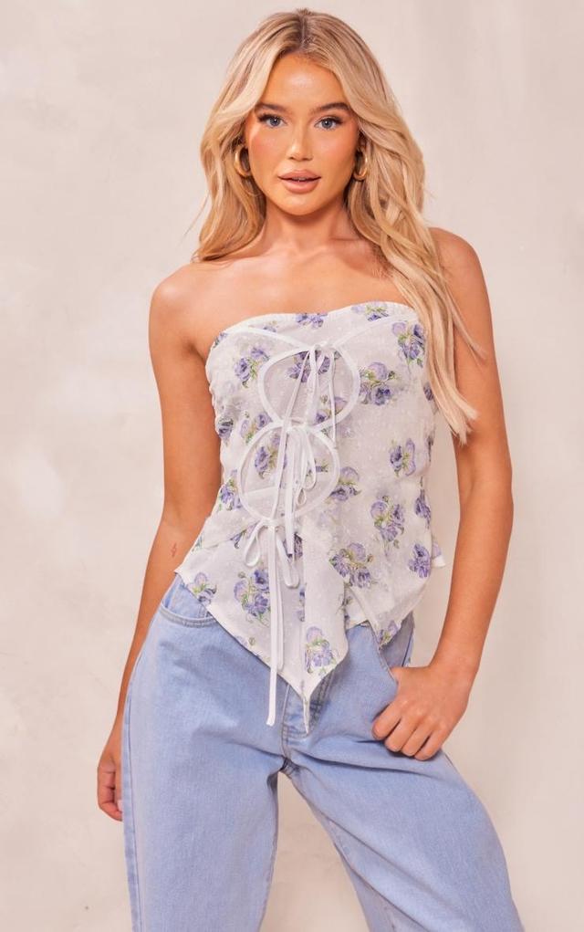 Blue Floral Print Tie Front Bandeau Product Image