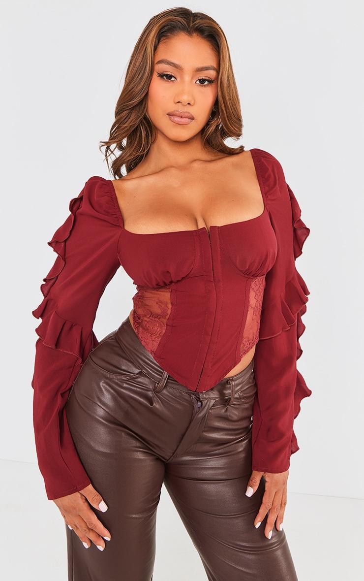 Maroon Chiffon Frill Sleeve Lace Insert Hook And Eye Corset Product Image