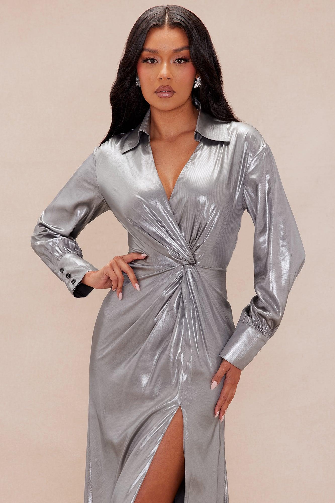 Andrea Metallic Maxi Dress - Silver Product Image