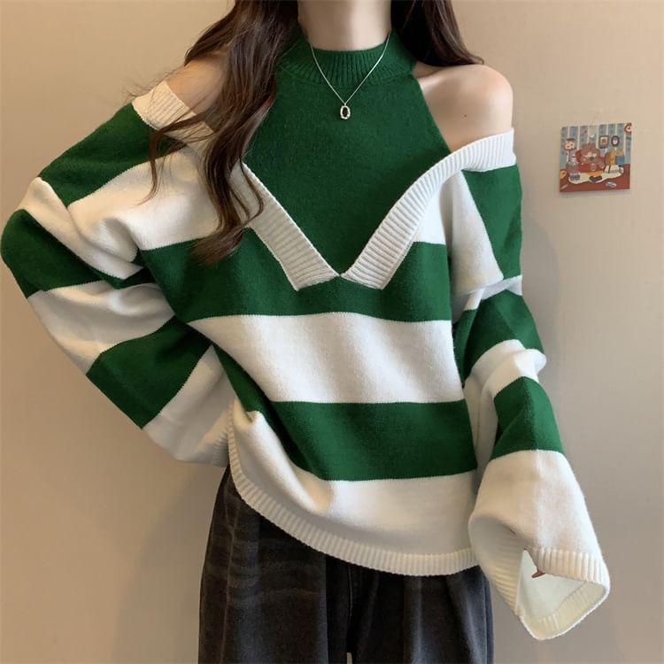 Cold Shoulder Striped Mock Two Piece Oversized Sweater Product Image