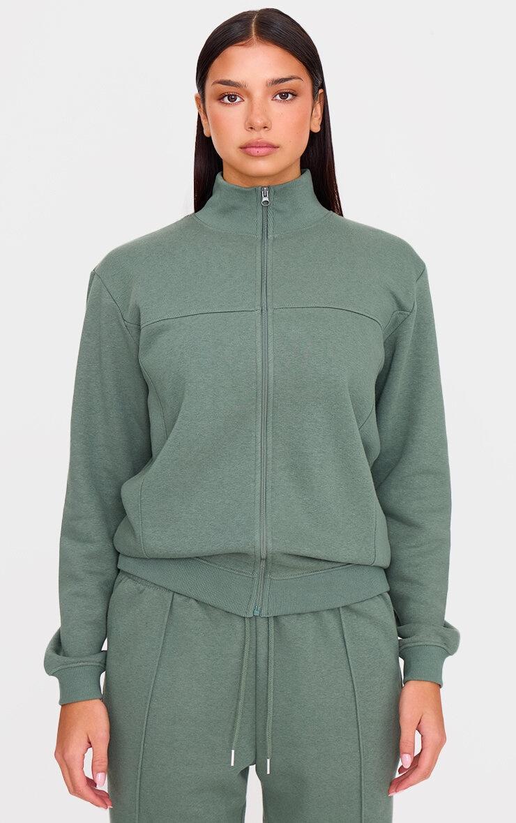 Olive Seam Detail Zip Through High Neck Sweatshirt Product Image