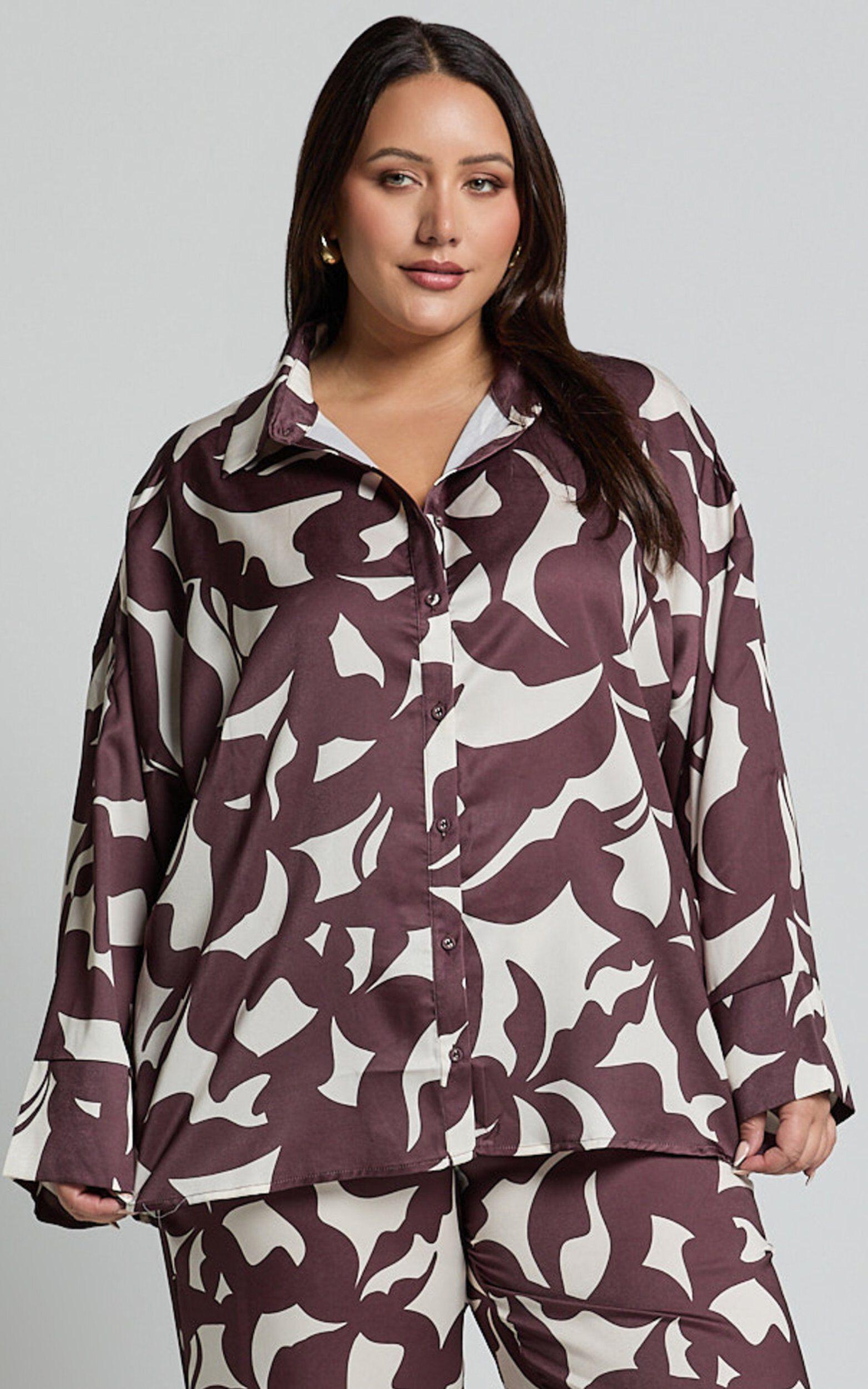 Janissa Shirt - Long Sleeve Satin Shirt in Brown Floral Product Image