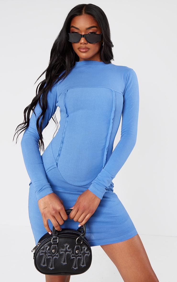 Blue Washed Rib Detail Long Sleeve Bodycon Dress Product Image