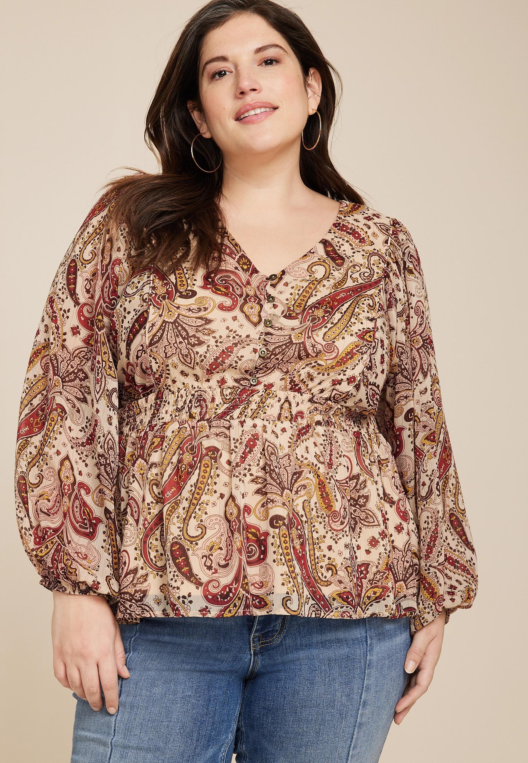 Maurices 3X Plus Size Womens Paisley Smocked Peplum Blouse Product Image