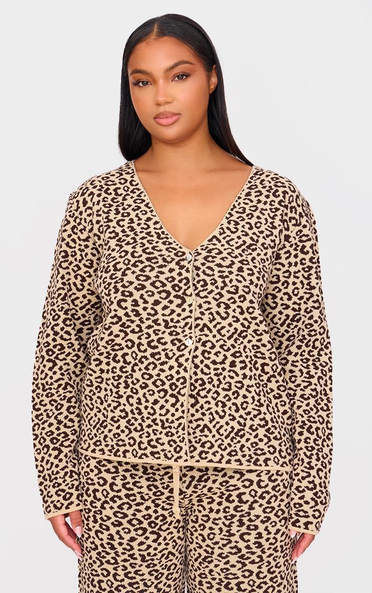 Plus Brown Leopard Print V Neck Knitted Button Up Cardigan Product Image