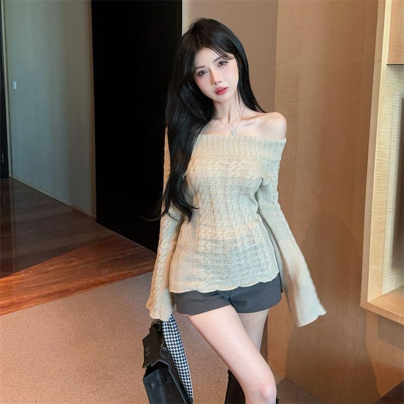 Flared-Sleeve Off-Shoulder Plain Sweater Product Image