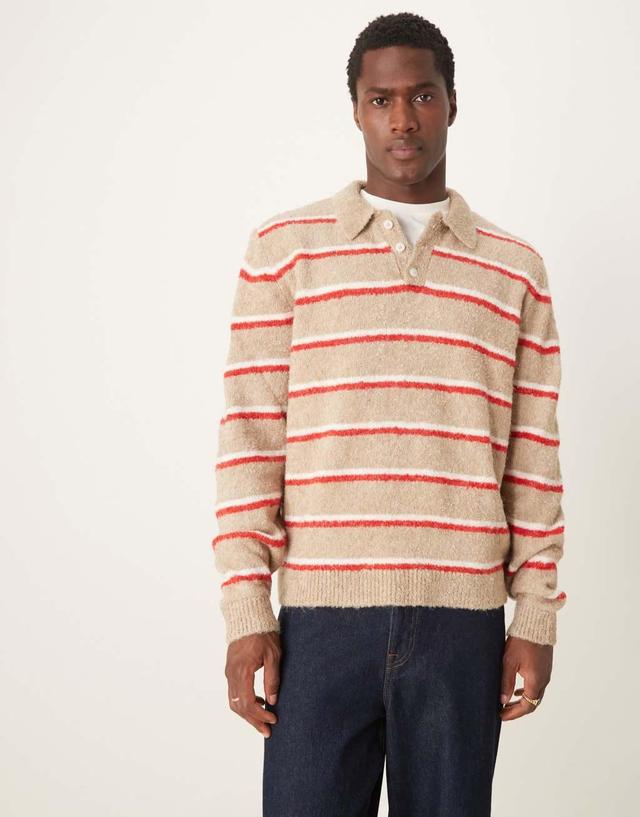 ASOS DESIGN relaxed boxy fit boucle polo sweater with stripe in stone Product Image