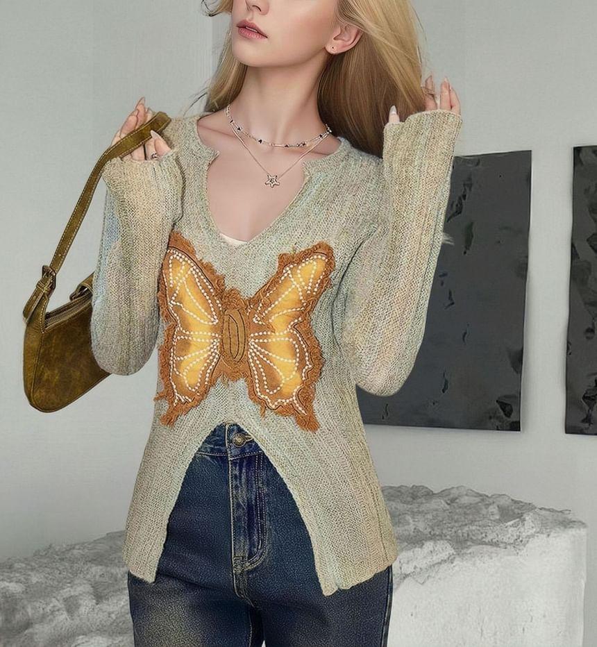 Long Sleeve V-Neck Butterfly Applique Slit Knit Top Product Image