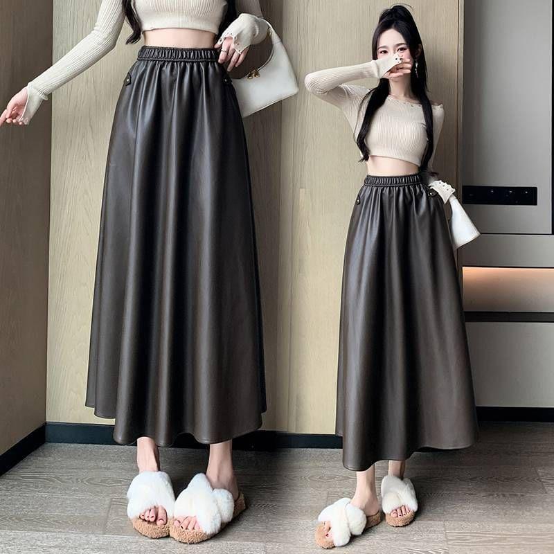 High Rise Plain Faux Leather Maxi A-Line Skirt Product Image