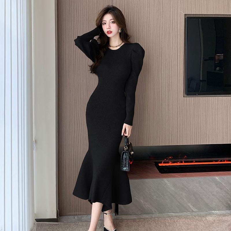 Puff Sleeve Round Neck Plain Knit Midi Mermaid Dress Product Image