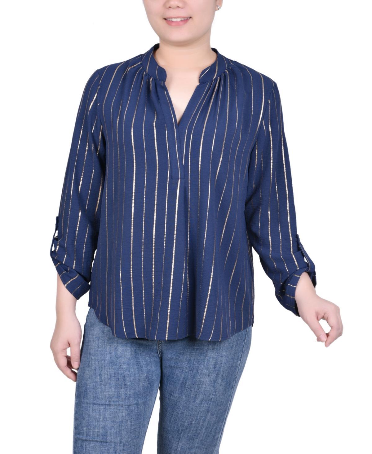 Ny Collection Petite Long Sleeve Foil Striped Blouse Product Image