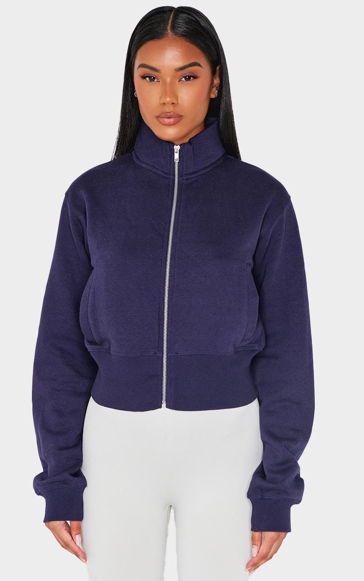 Navy Ribbed Hem High Neck Zip Up Sweatshirt Product Image