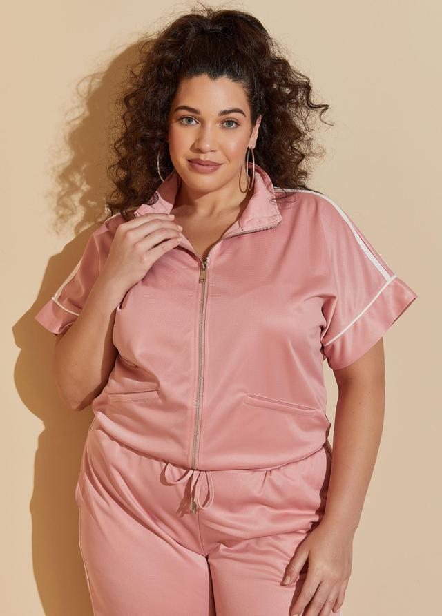 Plus Size Striped Short Sleeve Track Jacket, - Ashley Stewart Product Image