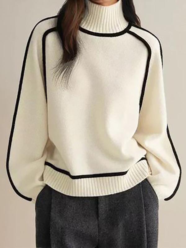 Long Sleeves Loose Contrast Color Split-Joint High Neck Pullovers Sweater Tops Product Image