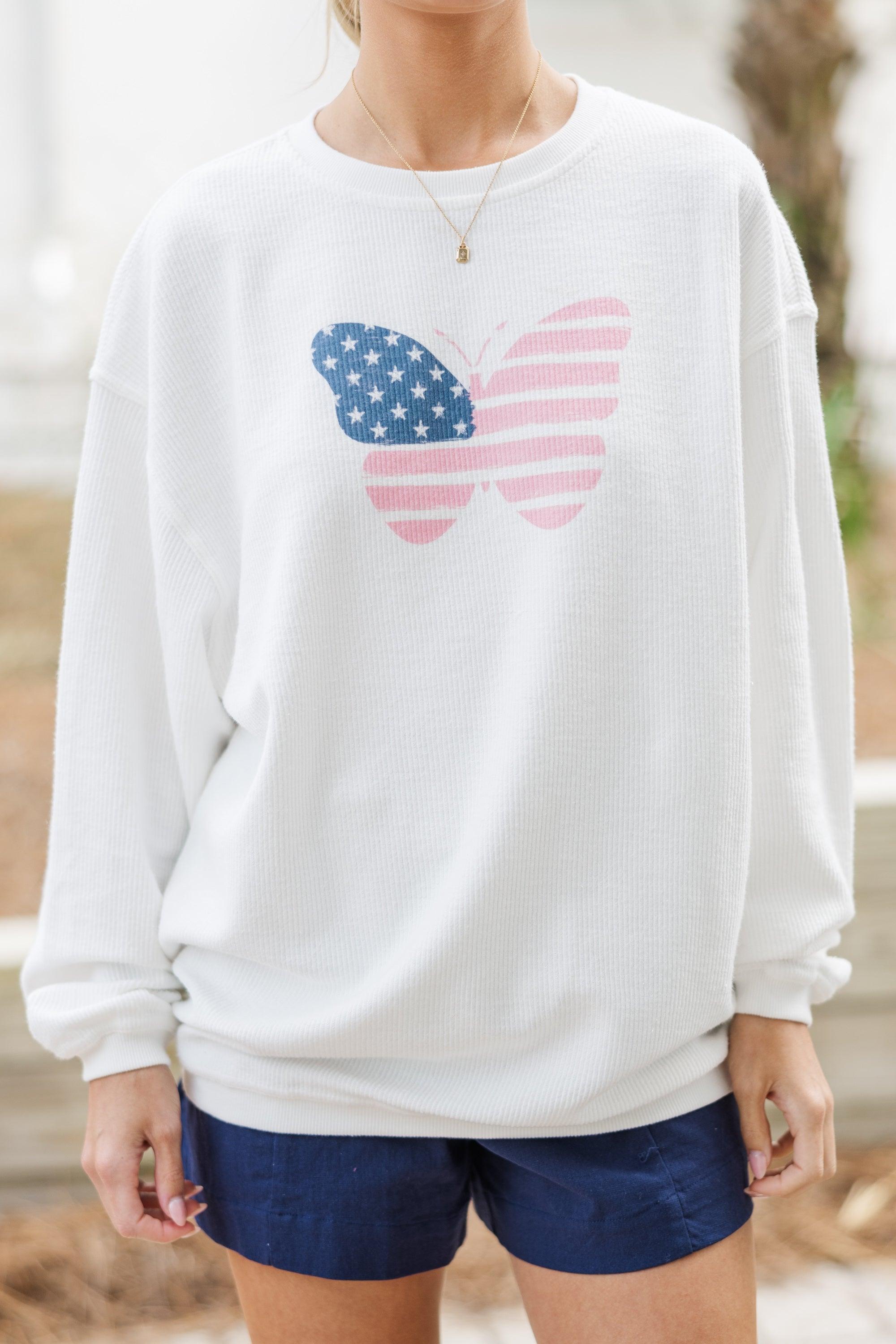 USA Pink Butterfly White Graphic Corded Sweatshirt Female Product Image