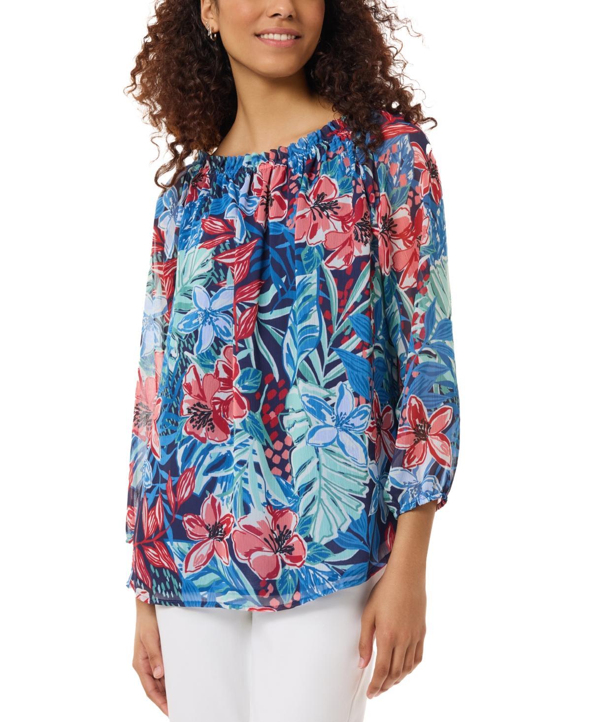 Women's Printed Smocked-Neck Blouse  Product Image