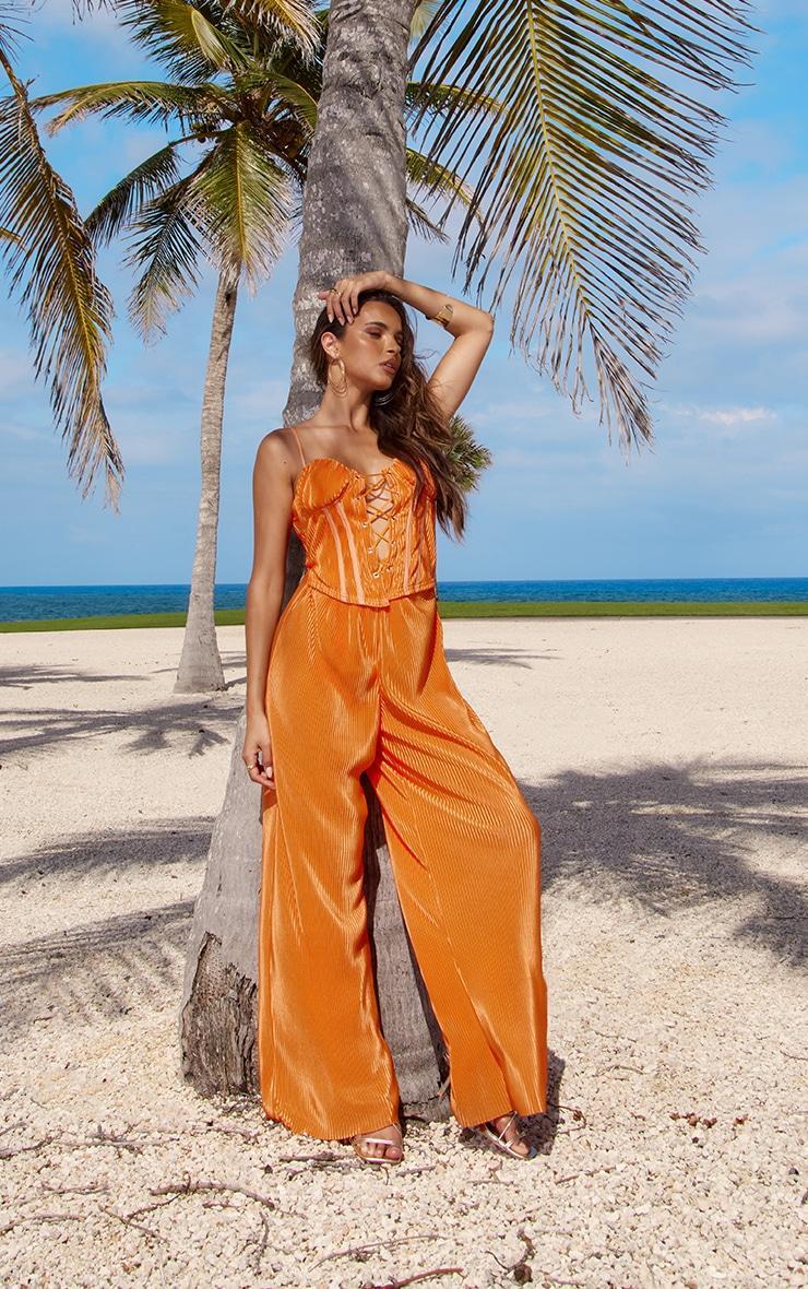  Tangerine Plisse Lace Up Eyelet Detail Strappy Jumpsuit Product Image